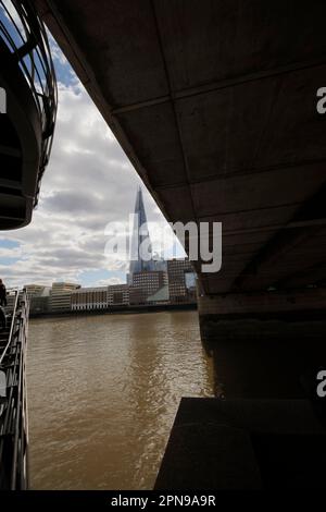 Architectural semi abstract view along the River Thames, London, with the Shard as a focal point. Good sky, high resolution with negative space Stock Photo