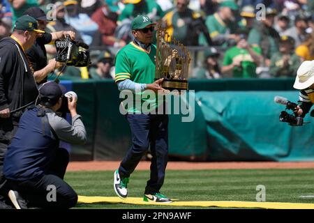 Former Oakland Athletics player Rollie Fingers during a ceremony honoring  the Athletics' 1973 World Series championship team before a baseball game  between the Athletics and the New York Mets in Oakland, Calif.