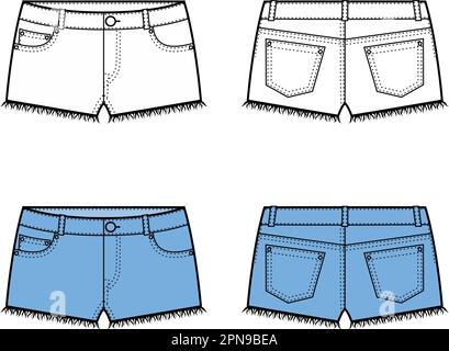 Denim Short Pants with Raw Hem Technical Fashion Illustration, Blue Design.  Stock Vector - Illustration of drawing, model: 260386543