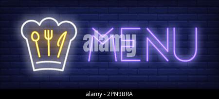 Menu neon text and chief cook hat with cutlery picture Stock Vector