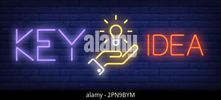 Key idea neon text with light bulb in hand Stock Vector