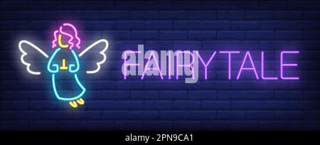 Fairytale neon text with angel flying Stock Vector