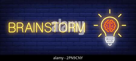 Brainstorm neon text with light bulb Stock Vector