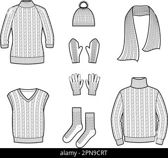 Knitted sweater and accessories. Fashion CAD. Stock Vector