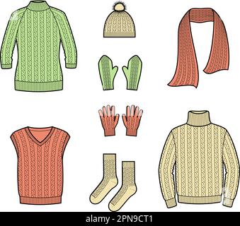 Knitted sweater and accessories. Fashion CAD. Stock Vector