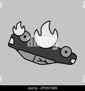 Burning car vector isolated icon. Auto accident, inverted car with fire. Demonstration, protest, strike, revolution, automobile crash Stock Vector