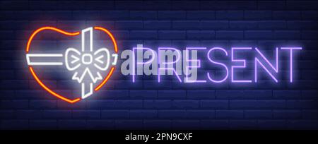 Present neon text with heart shaped gift box Stock Vector