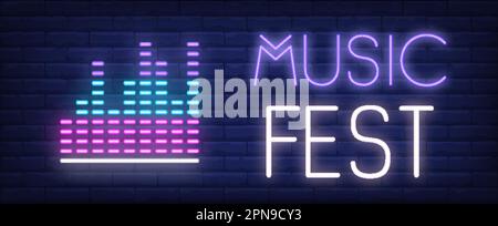 Music fest neon text with equalizer scale Stock Vector