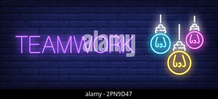 Teamwork neon sign with colored light bulbs hanging Stock Vector