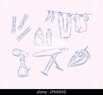 Ironing and laundry accessories clothespin, clothesline, steamer, board, iron, powder, conditioner, linen, wash, soap drawing in graphic style on peac Stock Vector