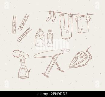 Ironing and laundry accessories clothespin, clothesline, steamer, board, iron, powder, conditioner, linen, wash, soap drawing in graphic style on beig Stock Vector