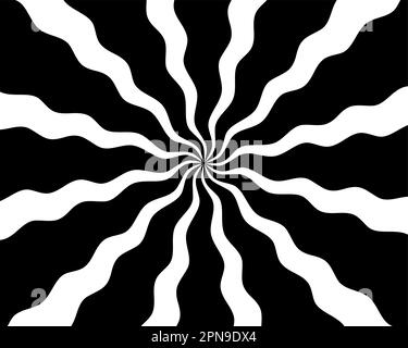 Black and white hypnotic spiral wave rays background. Psychedelic sunburst retro design. Stock Vector