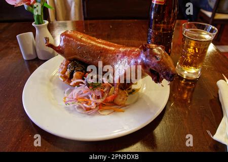 A Peruvian specialty, the guinea pig (cuy), served in a small local restaurant in Cusco, Peru Stock Photo