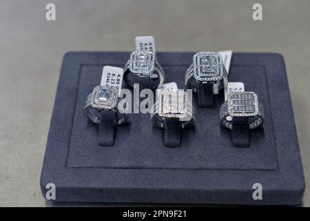 Ankara. 17th Apr, 2023. Photo taken on April 17, 2023 shows rings at a jewelry store in Ankara, T¨¹rkiye. T¨¹rkiye aims to increase the exports of its jewelry products to over 10 billion U.S. dollars in 2023, despite the February earthquakes' impact on the sector, a business leader said. Credit: Mustafa Kaya/Xinhua/Alamy Live News Stock Photo