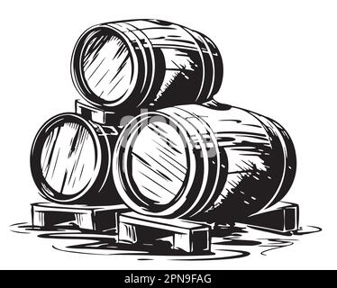 Wooden barrels for wine hand drawn sketch illustration Stock Vector