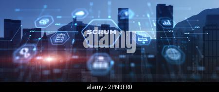 Scrum process software development outline concept. City background. Stock Photo