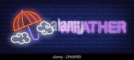 Weather neon text with umbrella and clouds Stock Vector