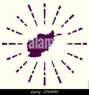 Afghanistan Logo. Grunge sunburst poster with map of the country. Shape of Afghanistan filled with hex digits with sunburst rays around. Stock Vector