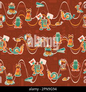 Cute and Colorful Rows of Office Robots in green, orange, yellow and reddish colors on a technical brown background Stock Vector