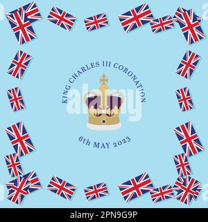 King Charles III Coronation vector illustration with crown and union flags Stock Vector
