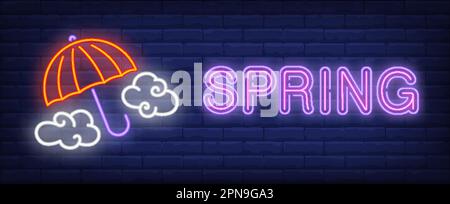 Spring neon text with umbrella and clouds Stock Vector