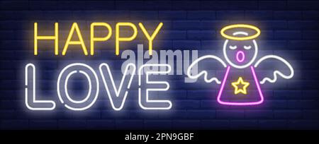 Happy love neon text and angel with nimbus Stock Vector