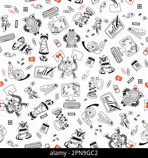 Sketchy but Cute Office Robots in Black, white and red on a white background Stock Vector