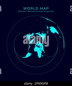 Map of The World. Hammer retroazimuthal projection. Futuristic Infographic world illustration. Bright cyan colors on dark background. Artistic vector Stock Vector