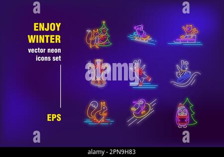 Enjoy winter neon signs set Stock Vector