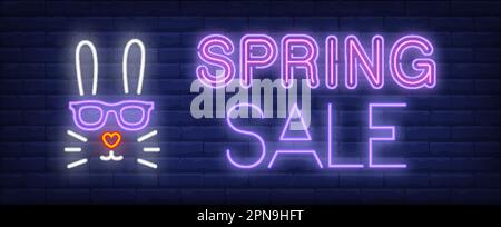 Spring sale neon text with rabbit head Stock Vector