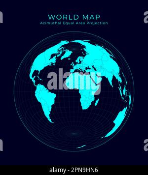 Map of The World. Lambert azimuthal equal-area projection. Futuristic Infographic world illustration. Bright cyan colors on dark background. Authentic Stock Vector