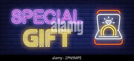 Special gift neon text and golden ring with gem in box Stock Vector