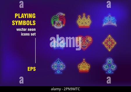 Playing symbols neon signs set Stock Vector