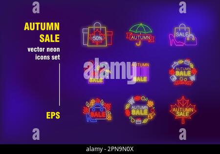 Autumn sale neon signs set Stock Vector