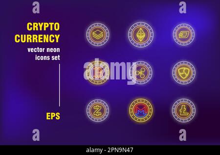 Crypto currency collection in neon style Stock Vector