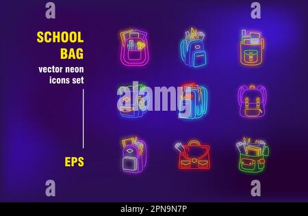 Neon school bag set Stock Vector