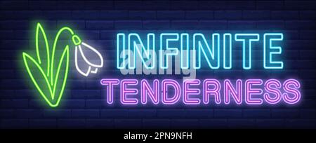 Infinite tenderness neon text with snowdrop Stock Vector