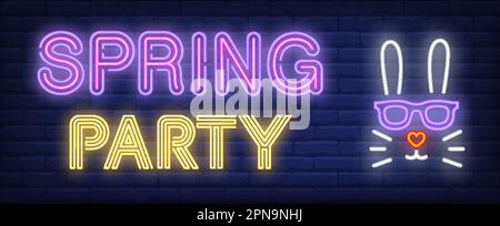 Spring party neon text with funny rabbit head Stock Vector