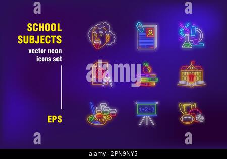 School subjects in neon style Stock Vector