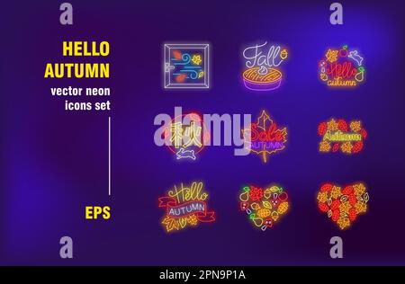 Hello autumn collection in neon style Stock Vector