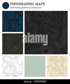 Topographic maps. Amazing isoline patterns, seamless design. Radiant tileable background. Vector illustration. Stock Vector