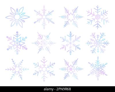 Set snowflakes hand drawn. Cute neon snow isolated on white background. Collection drawing ice crystal for design winter print. Hands drawn snowflakes Stock Vector