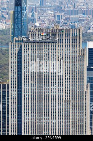 Centerpiece of Rockefeller Center, Comcast Building is an Art Deco tower of granite and limestone originally known as the RCA Building. Stock Photo