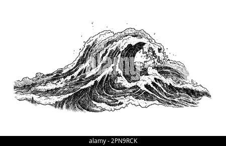 Sea wave sketch. Vintage hand drawn ocean tidal storm waves isolated on white background for surfing and seascape. Vector illustration. Stock Vector