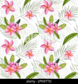 Seamless pattern with watercolor tropical flowers, leaves and plants. Hand painted jungle paradise background perfect for textile and scrapbooking. Stock Photo