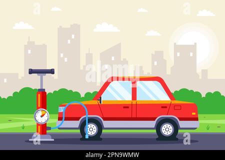 inflate the wheel of the car with a pump on the track. flat vector illustration. Stock Vector