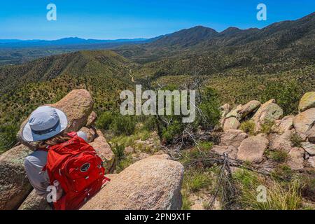 A woman named Rachael Hurst watches the forest landscape on the horizon. On a rock her travel backpack. During the expedition, biologists and scientists from MEX and the USA from different disciplines of biological sciences and personnel from the AJOS-BAVISPE CONANP National Forest Reserve and Wildlife Refuge, in the Sierra Buenos Aires carry out the Madrean Diversity Expedition (MDE) in Sonora Mexico. Conservation , Nature (© Photo by Luis Gutierrez / Norte Photo)  Una mujer de nombre Rachael Hurst observa el paisaje de bosque  en el horizonte. Sobre una roca su mochila de viaje. Durante expe Stock Photo