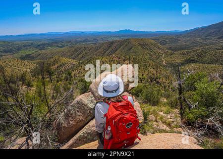 A woman named Rachael Hurst watches the forest landscape on the horizon. On a rock her travel backpack. During the expedition, biologists and scientists from MEX and the USA from different disciplines of biological sciences and personnel from the AJOS-BAVISPE CONANP National Forest Reserve and Wildlife Refuge, in the Sierra Buenos Aires carry out the Madrean Diversity Expedition (MDE) in Sonora Mexico. Conservation , Nature (© Photo by Luis Gutierrez / Norte Photo)  Una mujer de nombre Rachael Hurst observa el paisaje de bosque  en el horizonte. Sobre una roca su mochila de viaje. Durante expe Stock Photo