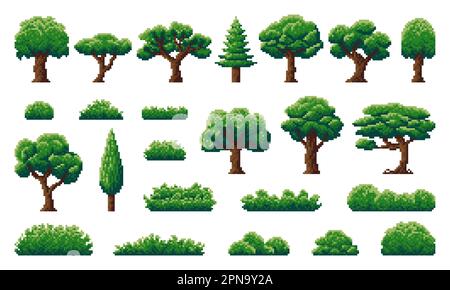 Pixel forest and jungle trees, shrub, grass and herb plants of 8 bit video game nature asset. Pixel art summer trees and bushes with green leaves and Stock Vector