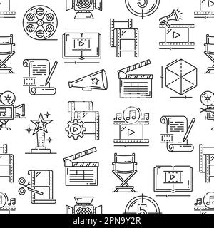 Movie, video production seamless pattern. Vector background with thin line film, camera and cinema ticket, tape reel, film director chair, clapperboar Stock Vector